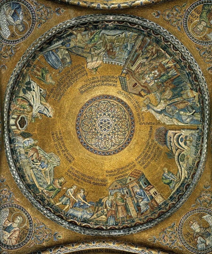 Looking upward into a circular Byzantine mosaic dome