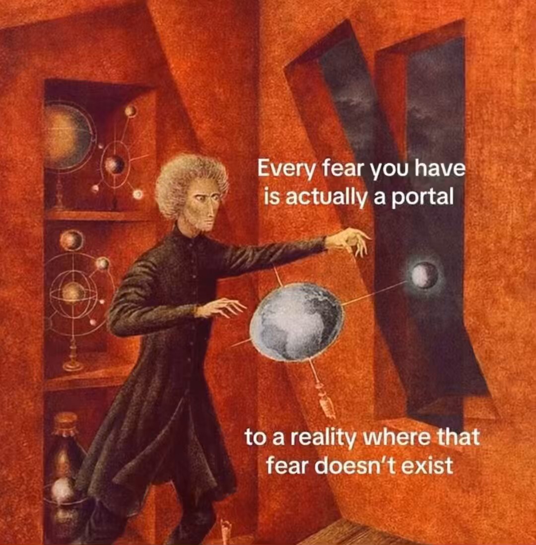Video still of a historical figure holding a sphere beside a caption about fear