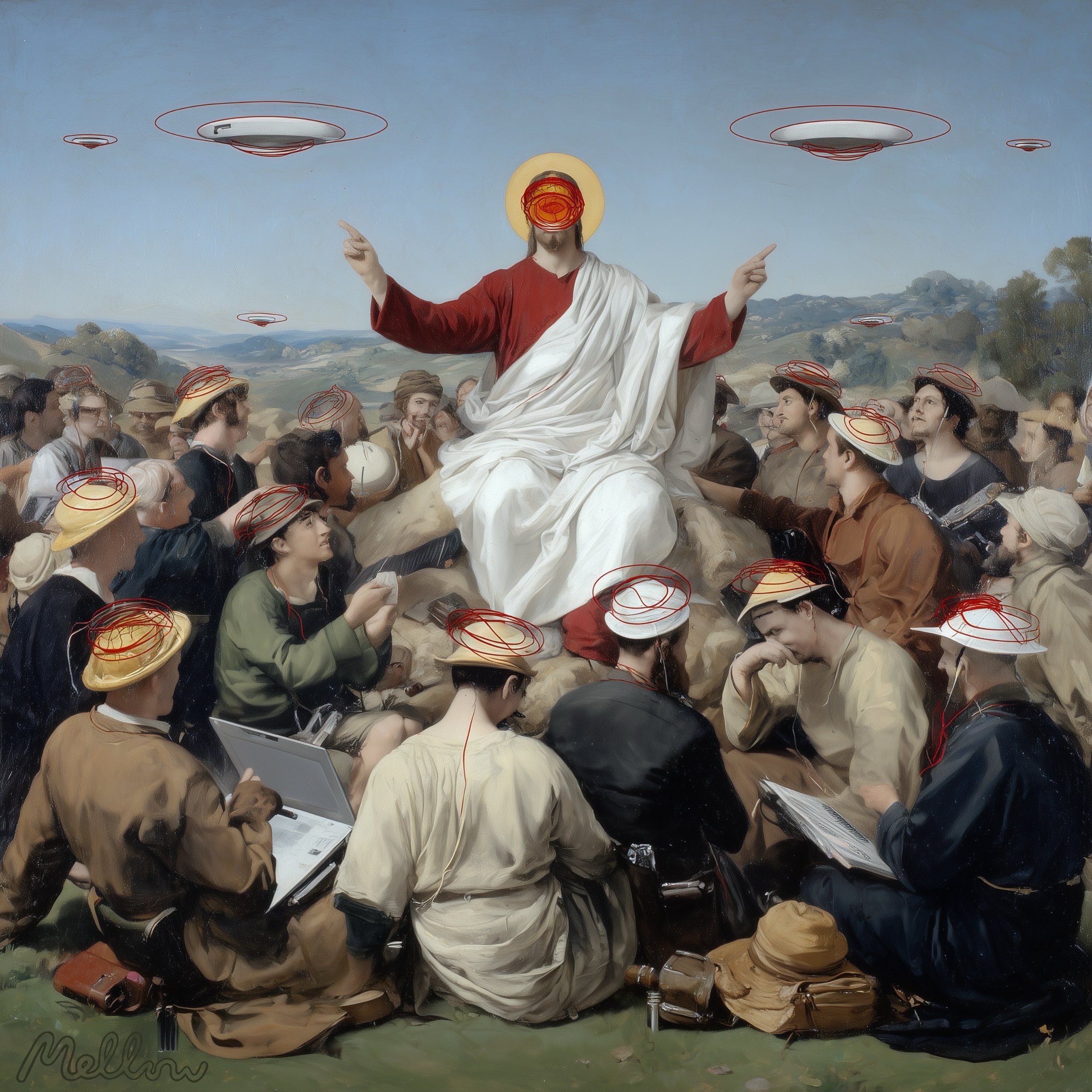 Surreal collage of a robed teacher, a seated crowd, mountains, and flying saucers