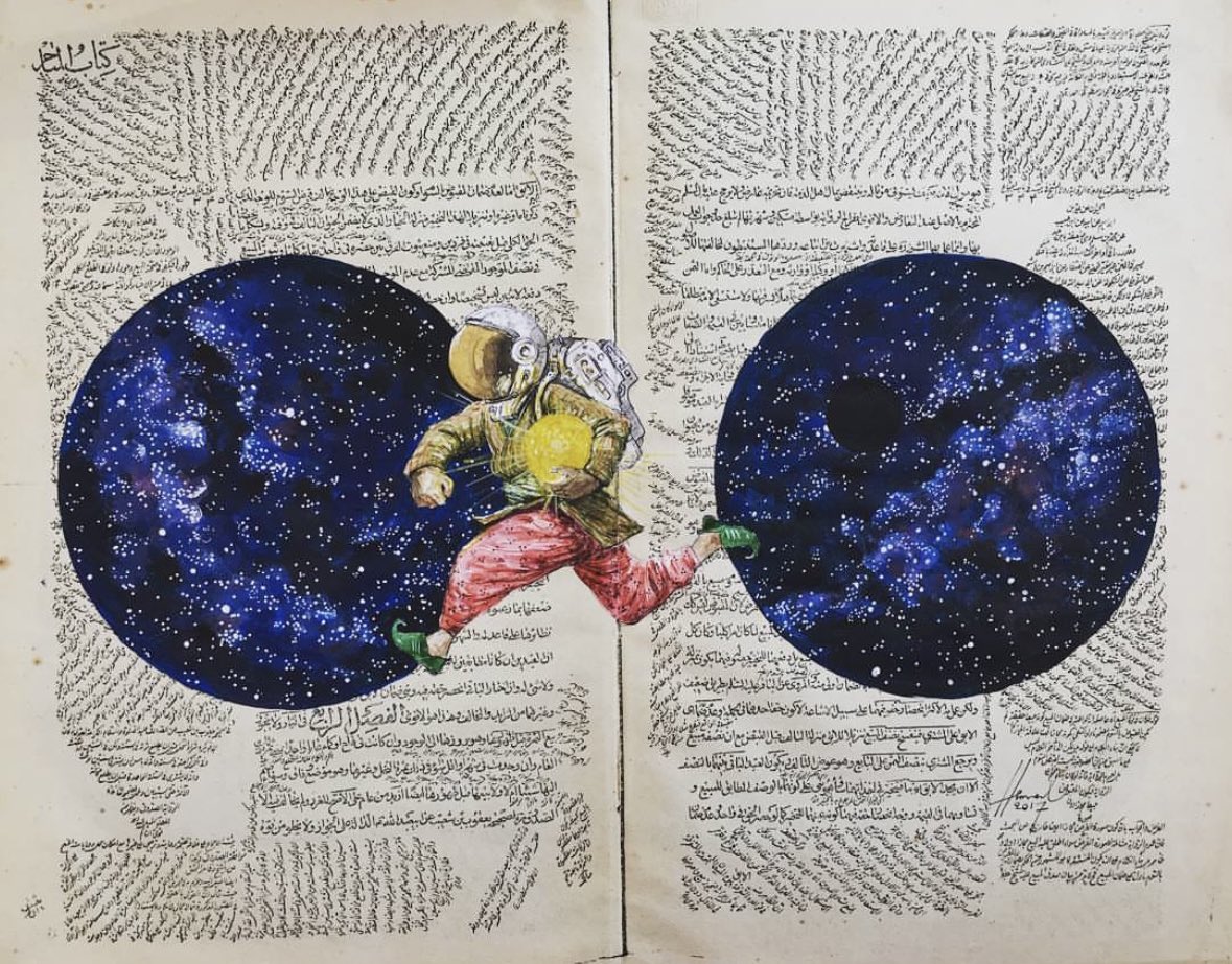 Collage of a figure leaping between two star-filled circles on an open book