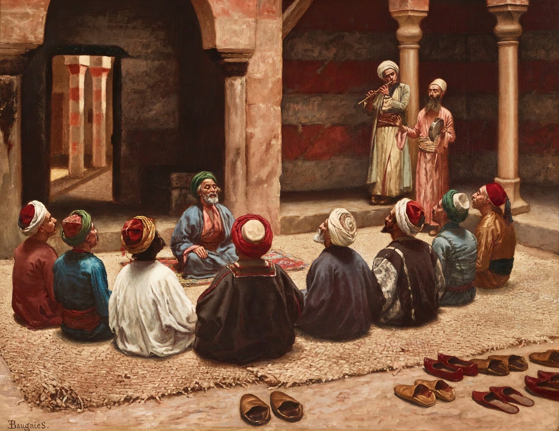 Painting of a teacher addressing a seated circle in a courtyard