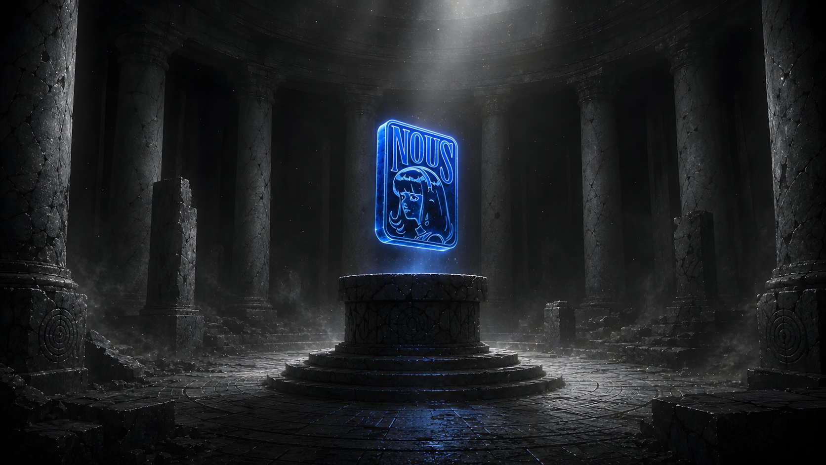 Blue glowing form on a pedestal in a dark columned space