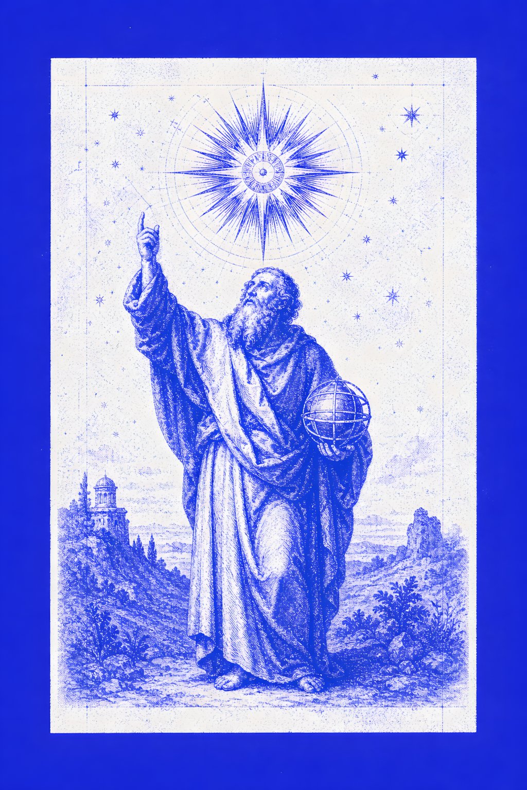 Blue-and-white print of a figure reaching toward a radiant star