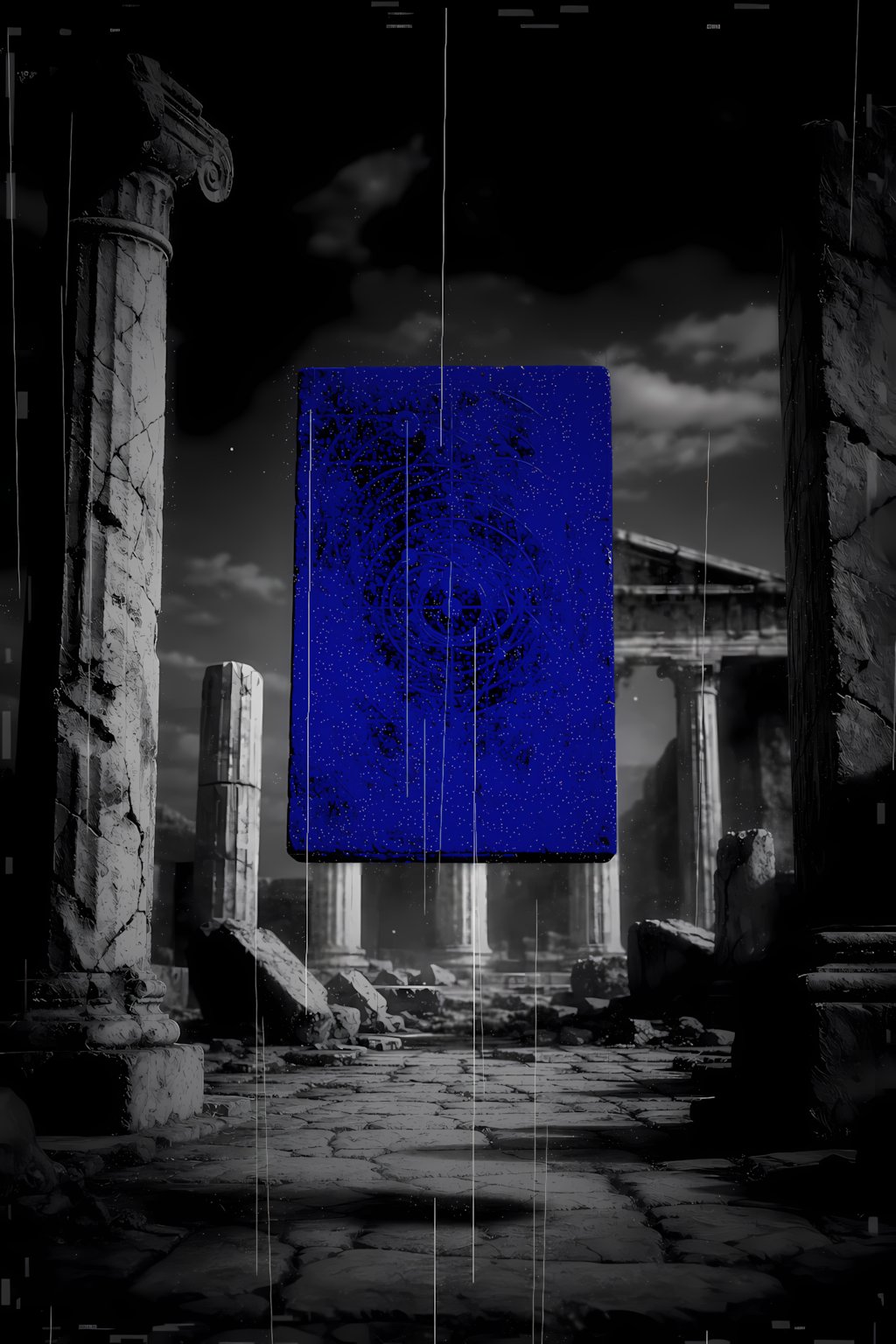 Blue rectangular light suspended in a dark architectural ruin