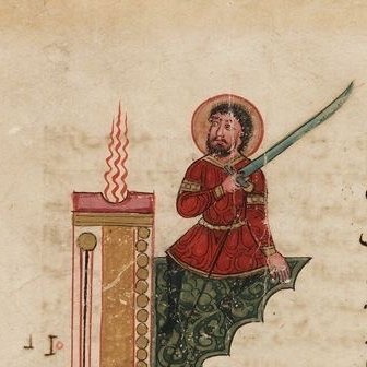 Painted figure holding a sword beside a candle in al-Jazari’s clock design