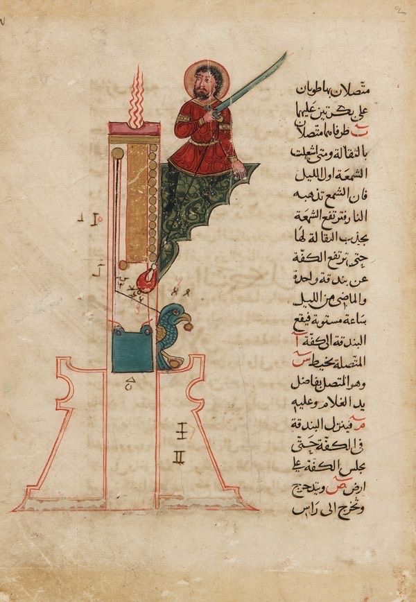 Manuscript illustration of al-Jazari’s robotic swordsman candle clock