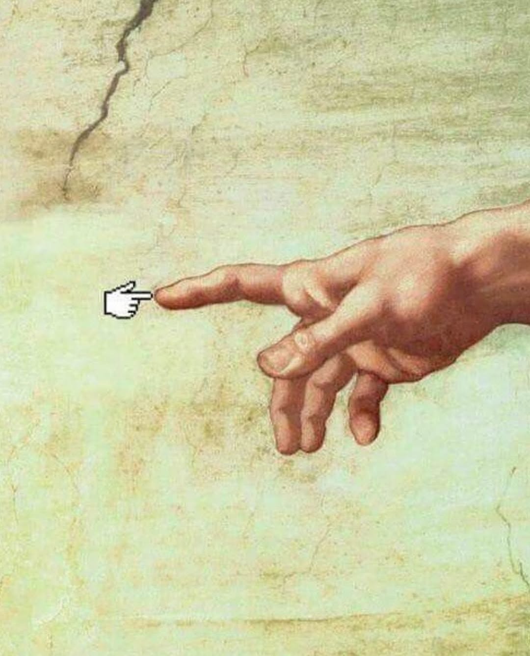A cursor hand reaching toward the painted hand from The Creation of Adam