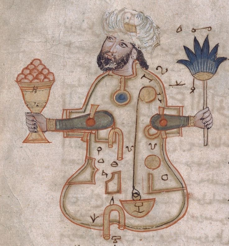 Manuscript design of al-Jazari’s wine-drinking robot holding a cup and flower